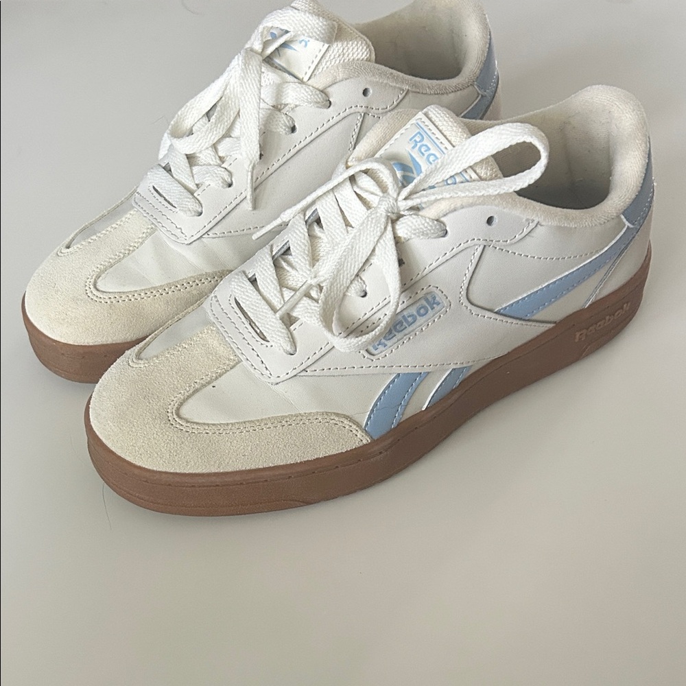 Reebok Classic White and Light Blue Sneakers